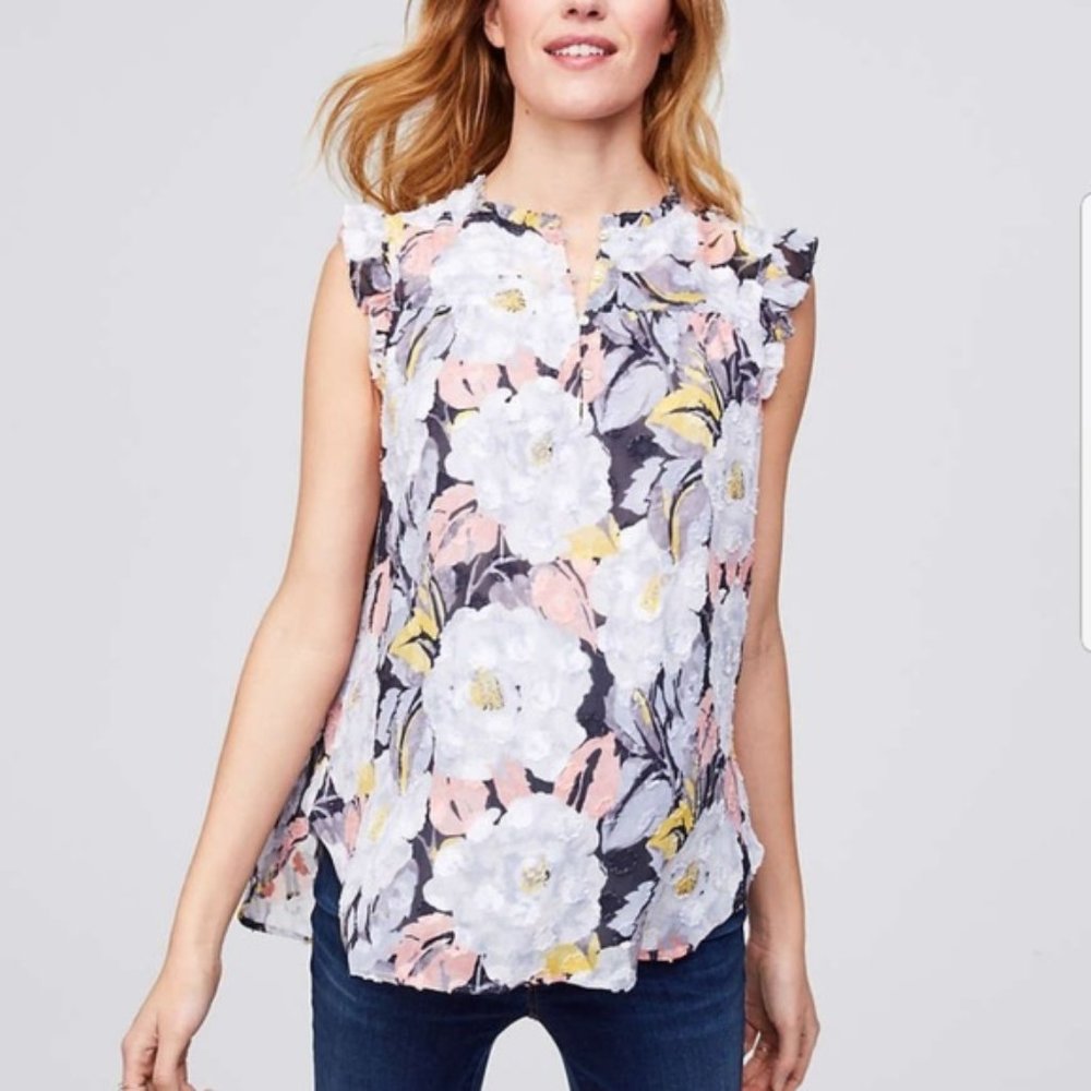 Loft Floral Textured Ruffle Sleeveless Top - Size Small Petite